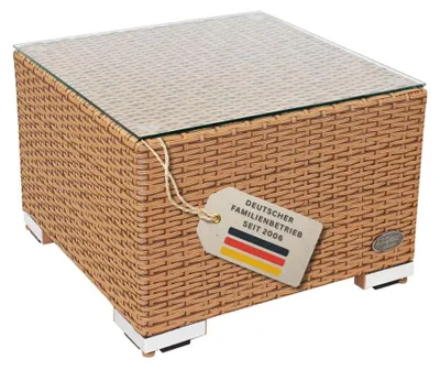 Produktbild von Beistelltisch Poly-Rattan Natur handgeflochten 50x50x32 cm mit Glasplatte, outdoor, als Hocker nutzbar