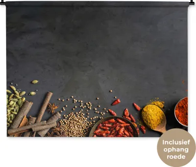 Produktbild von MuchoWow® Wandteppich Wandbehang Kräuter - Lebensmittel - Gewürze - Schwarz - Paprika - Zimt 150x112 cm Tapisserie Dekoration Wandtuch - Wanddecke - Wandteppiche