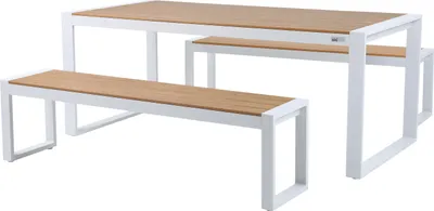 Produktbild von AXI Tony Gartenset mit 2 Bänken in Weiß / Braun für 6 Personen | Picknicktisch / Picknickbank aus Aluminium / Polywood | Esstisch für Draußen / Garten
