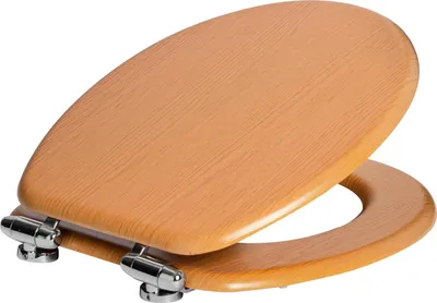 A wooden toilet seat with chrome hinges, shown from a slightly elevated angle against a white background.