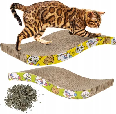 A Bengal cat is shown on a cardboard scratching board, with a pile of dried herbs next to a second scratching board.