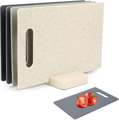 Produktbild von PolkaHome® 4-teilige Schneidebretter-Set mit Ständer, Kunststoff, Spülmaschinenfest, Grau & Beige, 28,9 x 19,1 cm