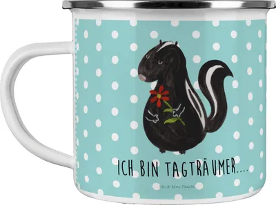 Produktbild von Mr. & Mrs. Panda Teetasse Stinktier Blume - Türkis Pastell - Geschenk, Emaille Tasse, Wildtier, Raubtier, Becher, Kaffeepott, Pott, Träume, Teebecher, Dreams, Skunk
