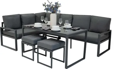 Image de Ensemble de mobilier de jardin en aluminium gris anthracite, 7 places, salon d'extérieur modulable d'angle pour terrasse, table à manger avec plateau en verre, 2 poufs, coussins épais avec housses lavables, housse de protection imperméable