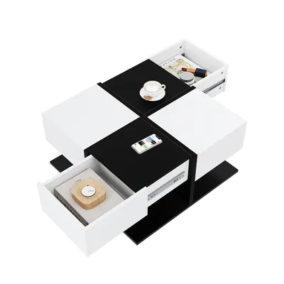 Produktbild von Couchtisch mit 2 Schubladen Quadratischer Hochglanz Multifunktionstisch Beistelltisch 70×70×35,5cm Schwarz+Weiß
