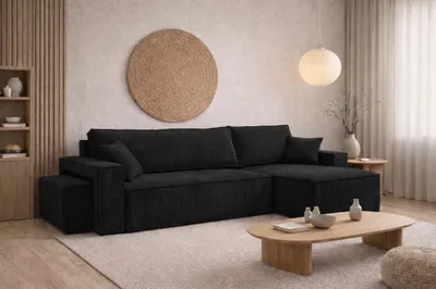 Image de Canapé d'angle avec fonction couchage et pouf, velours côtelé Poso, noir, version droite, BEST L avec pouf