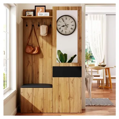 Produktbild von Garderobenset mit 5 Haken, Spiegel, Schuhschrank, Einbauschrank mit Regalen, Schubladen und Ablagefächern, Flurgarderobenbank