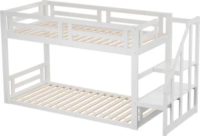 Produktbild von okwish Kinder-Etagenbett 90*200cm, Hochbett mit Sicherheitstreppe, stabiler Lattenrost aus Massivholz, weiß