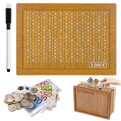 Produktbild von Retro-Spardose aus Holz mit Sparziel und abzuhakenden Beträgen (3000 €).