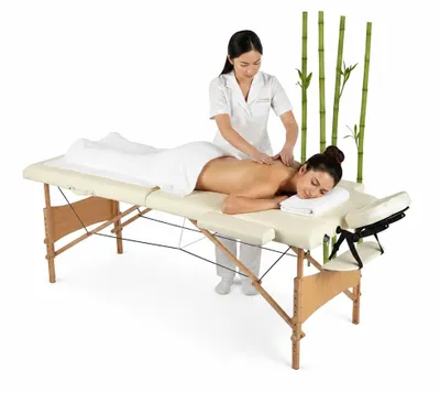 Obrázok produktu pre Mucola masážny stôl 2 zónová masážna lavica skladací kozmetický stôl masážny stôl mobilný terapeutický stôl drevený rám - béžový