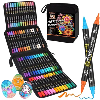 Image de Jeu de stylos à peinture acrylique, 60 couleurs, résistants à l'eau, double embout (0,5-5 mm), pour pierres, bois, tissu, verre, céramique