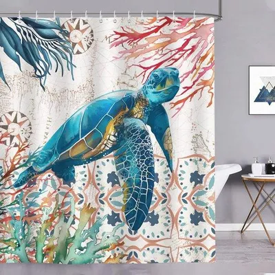 Produktbild von Famanu Duschvorhang mit Meeresschildkröten 180x180cm - Wasserfest, Schimmelresistent und Modern