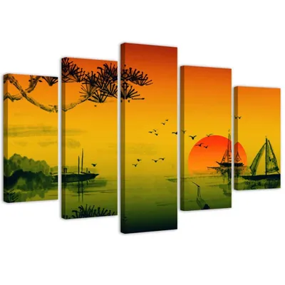 Produktbild von 5-teiliges leinwandbild sonnenuntergang über japan 150x100 cm Feeby orange wandbild bereit zum aufhängen