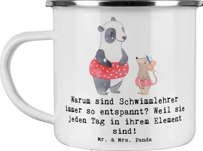 Produktbild von Mr. & Mrs. Panda Emaille Becher Entspannte Schwimmlehrer - Weiß - Geschenk, Kaffeepott, Berufsalltag, Teetasse, Pott, glückliche Momente, Tasse, Geschenke mit Herz, Beruf