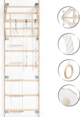 Image de MAMOI® Espalier en bois, Mur escalade suedois pour enfant, Échelle suedoise pour bebe, Jeux descalade et gym avec accessoires