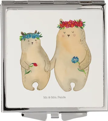Produktbild von Mr. & Mrs. Panda Schminkspiegel Bären mit Blumenkranz - Weiß - Geschenk, Muttertag, Familie, Bär, Vorbild, Frauen Spiegel, Kleiner, Taschenspiegel, Handspiegel, Mami