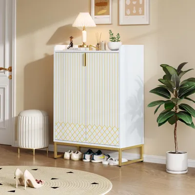 Produktbild von okwish Schuhschrank Schuhregal  Schuhkommode mit goldenen Metallbeinen und Aufbewahrungsschränke mit goldenen Türen, Schuhaufbewahrung, weiß