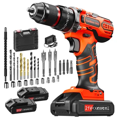 Akku-Schlagbohrmaschine 21 V, 2 Akkus 2000 mAh, 45 Nm, 29-tlg. Set