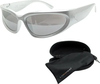 Produktbild von Schnelle Brille Sonnenbrille Silber Verspiegelt Sportbrille Raverbrille Festivalbrille Technobrille mit Hardcase Luxxada