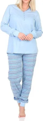 Produktbild von Normann Damen Langarm Schlafanzug Pyjama mit Bündchen im Ethnolook - auch in Übergrössen ; blau , 36