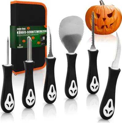 Produktbild von com-four® 6-teiliges Kürbis Schnitz-Set für Halloween - Schneide-Werkzeuge zum Aushöhlen von Kürbissen - Tasche mit Säge, Löffel, Schnitzwerkzeuge