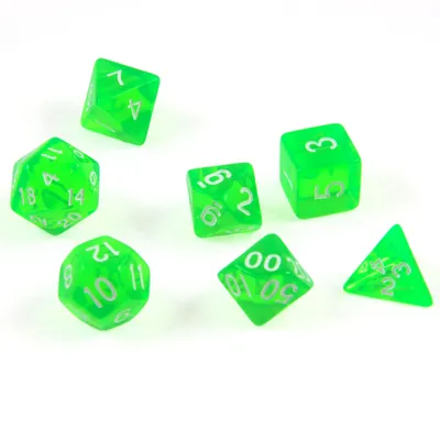 Produktbild von 7 polyedrische Würfel für Rollen- und Tabletopspiele in transparent / grün mit Beutel