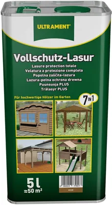 Produktbild von Ultrament Vollschutz-Lasur 7-in-1, Kiefer, 5 Liter - Feuchtschutz, UV-Schutz & Nano-Technologie - ideal für Gartenhäuser, Fassaden & mehr. Geballter Schutz für Holz im Außenbereich.