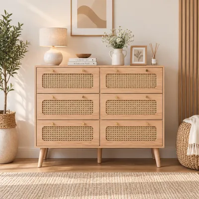 Obrázek produktu pro Komoda INONEFT se 6 zásuvkami, komoda, úložná skříň, vhodná do ložnice, obývacího pokoje a chodby, rozměry 34 x 73 x 100 cm, barva přírodního dřeva