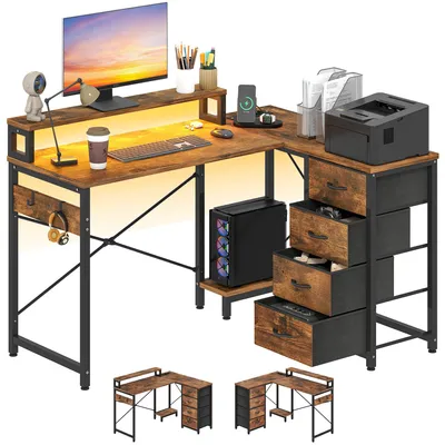 Eck-Schreibtisch mit Regal, USB & Steckdosen, 130x100x75 cm, Vintage Braun