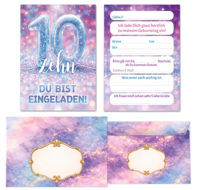 Einladungskarten-Set 10. Geburtstag, 8 Karten + 8 Umschläge