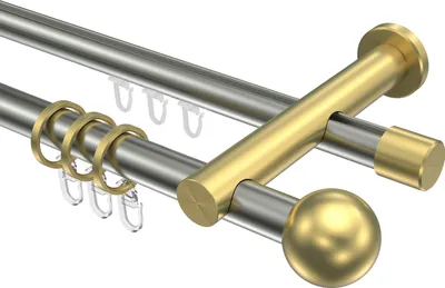 Produktbild von Interdeco Rundrohr-Innenlaufstange / Gardinenstange (Kombination) Edelstahl-Optik / Messing-Optik, Typ Platon Luino (Kugel), 20 mm Ø 2-läufig, 200 cm