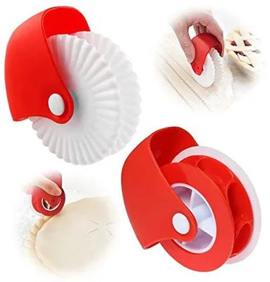 Produktbild von Doppeltes Teigschneidewheel - Gebäckschneidewheel - Teigdekorationsschneidewheel - Torteunterkantenschneider - Teigwalze - Torteunterkantenschmierwalze - Back- und Kochzubehör - Für Apfelstrudelunterkanten oder Teig für Maultaschen - Weiß, Rot