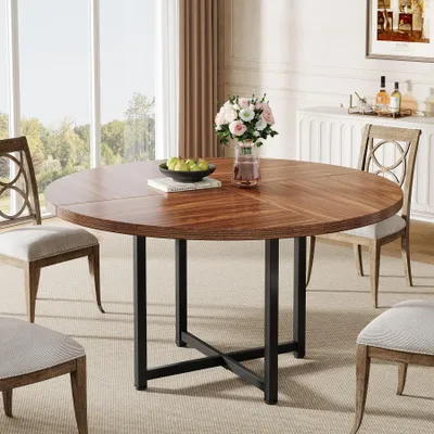 Produktbild von Tribesigns Runder Esstisch, Industrieller Küchentisch mit robustem Metallrahmen,  120 cm Esstisch für kleine Räume, Wohnzimmer und Wohnungen, Braun