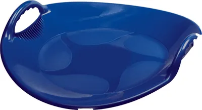 A blue plastic saucer sled shown from a slightly elevated side angle against a white background.
