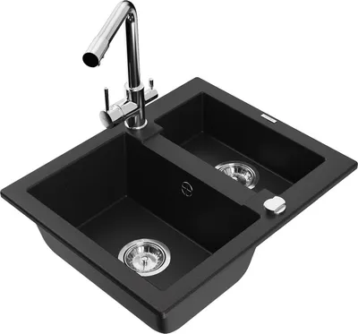 Produktbild von Mexen Carlos 1,5-Becken-Granitspüle mit Mischbatterie Duero, Schwarz - 6518-77-671600-00