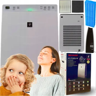 A collage of an air purifier, its accessories, and a family enjoying clean air.