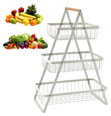 Produktbild von 3-stufiger Obstkorb zur Aufbewahrung von Obst und Gemüse mit Holzgriff, abnehmbarer Metallkorb, Küchenorganizer in Weiß