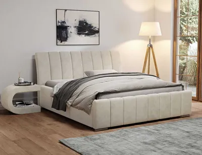 Zdjęcie produktu dla Łóżko tapicerowane AGMAT PANAMA z wezgłowiem, 180 x 200 cm, łóżko podwójne z podstawą łóżka i stelażem z listew metalowych, tkanina welurowa: beżowy