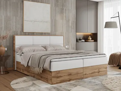 Produktbild von Boxspringbett, Doppelbett mit bettkasten und Multipocket-Matratze, Polsterbett mit Kopfteil, Eiche Holzrahmen - Albero-2 - 200x200cm - Weiß Kunstleder - H3