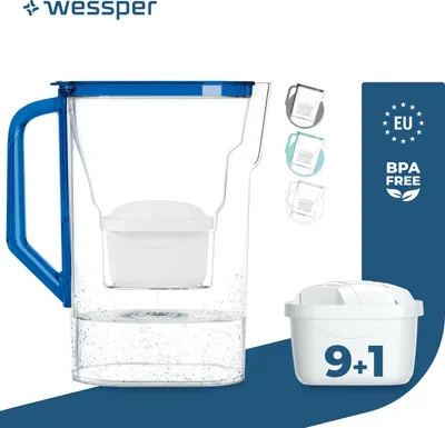 Zdjęcie produktu dla Dzbanek filtrujący do lodówki Wessper D3 Slim AquaMax 2,7 l niebieski + 10 filtrów – kompatybilny z Brita Maxtra