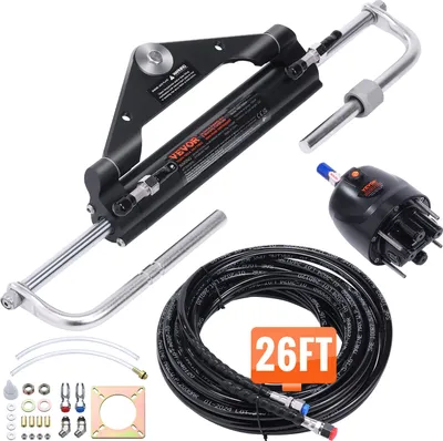 Zdjęcie produktu dla Zestaw hydraulicznego sterowania zaburtowego VEVOR, 150 KM, hydrauliczny układ sterowania do łodzi morskich, z pompą sterową, dwukierunkowym cylindrem blokującym i 8-metrowym hydraulicznym wężem sterowym, do jednostanowiskowych łodzi jednosilnikowych
