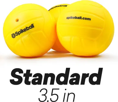 Three yellow Spikeball balls are shown on a white background with text below them.