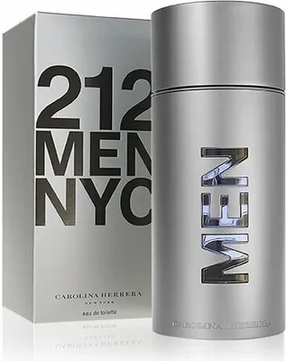 A silver bottle of Carolina Herrera 212 Men Eau de Toilette and its packaging are displayed against a white background.