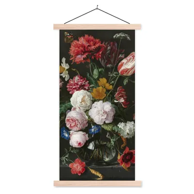 Obrázok produktu pre MuchoWow® Textilný plagát - Zátišie s kvetmi v sklenenej váze - Maľba od Jan Davidsz. de Heem - 90x180cm - S hnedými lamelami