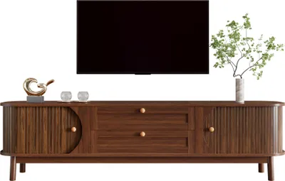 Produktbild von Moderner TV-Schrank in Holzoptik mit Schubladen und Staufächern, abgerundeten Ecken, stabilen Holzbeinen, TV-Schrank mit Stauraum für das Wohnzimmer.