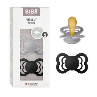 Imagen del producto de BIBS Supreme, set de 2 chupetes, sin BPA, tetina simétrica. Hecho de caucho natural / látex, fabricado en Dinamarca. Talla 2 (6-18 meses), color nube /