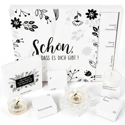 12 Duftkerzen mit versteckter Botschaft, Geschenkset mit Kerzenhalter
