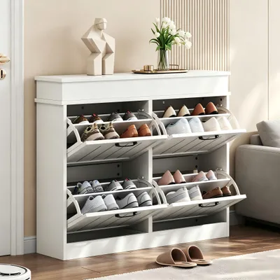 Produktbild von STILVORA Schuhschrank mit 4 Kipptüren und 8 Fächern, Schuhregal für Eingangsbereich, Aufbewahrungsschrank Weiß mit schwarzen Griffen,MDF