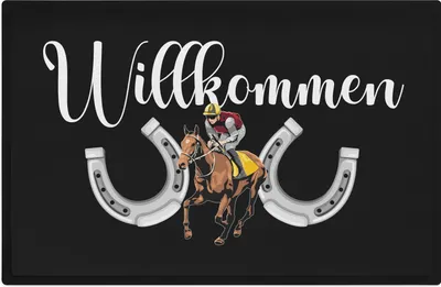 Produktbild von Trendation - Willkommen Fußmatte Grafik Schmutzfangmatte Geschenk Außen Innenbereich 60x40 cm Waschbar Türmatte Reiterin pferde