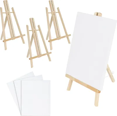 Produktbild von Belle Vous 4 Stk Kleine Staffelei Holz Tisch mit Leinwand Set - B21,5 x H37 cm Tischstaffelei Klein Mini Staffelei Holz Tripod/A-Form Ständer zum